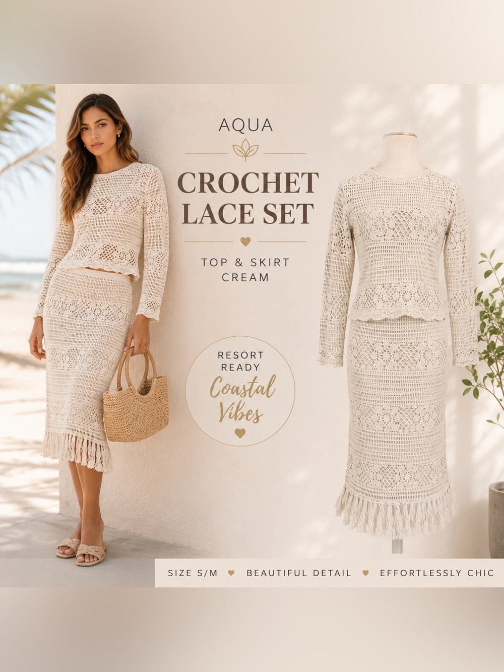 AQUA Bloomingdale’s Crochet Lace Set S/M Cream Fringe Skirt Top Vacation Outfit
